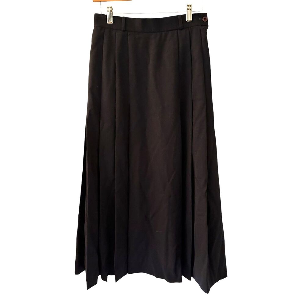 Laura Ashley Vintage 80's Black Pleated Side Zipper Wool Maxi Skirt Size 10